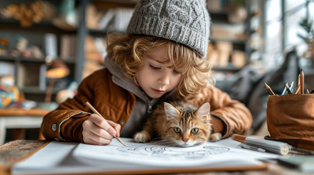a cute boy with a cat draws a picture Ai generative