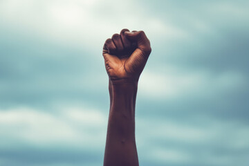 raised hand symbol for  history black month  against sky background, showcase solidarity and freedom