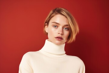Portrait of a young beautiful lady in knitwear sweater, beige and maroon colors

