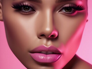Portrait of a brunette woman wearing pink. Fashion beauty style shoot.	