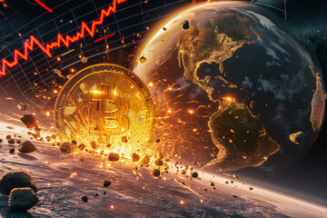 The volatile journey of Bitcoin depicted amidst a cosmic explosion. - obrazy, fototapety, plakaty