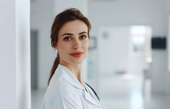 Portrait of beautiful woman doctor looking at camera on white hospital background