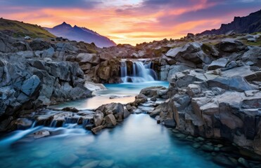 Fototapeta premium Beautiful waterfall in a stream with rocks on the bank, Pastel Sky 