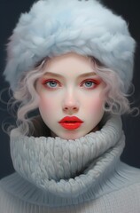 Naklejka premium portrait of a girl in a fur cap and turtleneck sweater