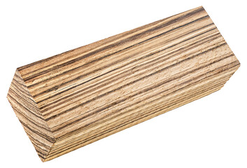 Wooden bar isolated on a white background. Zebrano, an exotic wood species. Zingana, zebrawood.