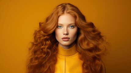 Obraz premium Portrait of a young beautiful lady in fashion outfit and golden hairs and yellow background 