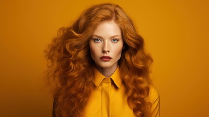 Portrait of a young beautiful lady in fashion outfit and golden hairs and yellow background
