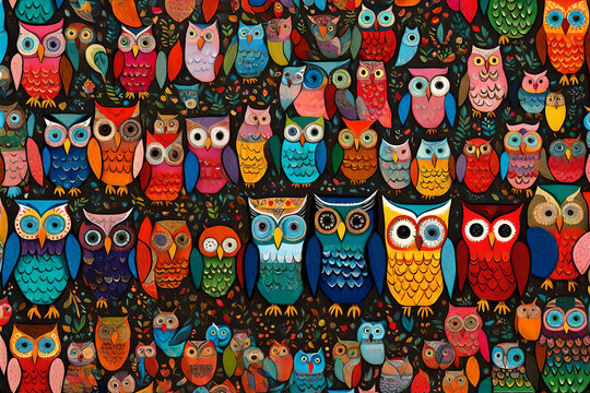 a collage of colorful cute owls 