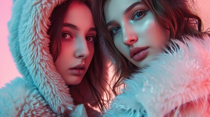 Naklejka premium Two beautiful young ladies wearing stylish fur coat and posing together 