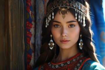 Obraz premium Beautiful Young lady in kazakh traditional dress