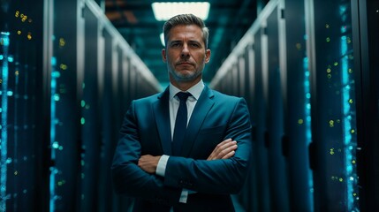Confident CEO businessman in a blue suit standing with crossed arms in a data center