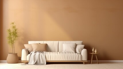 Room with sofa, plant pot and table, brown and beige colors