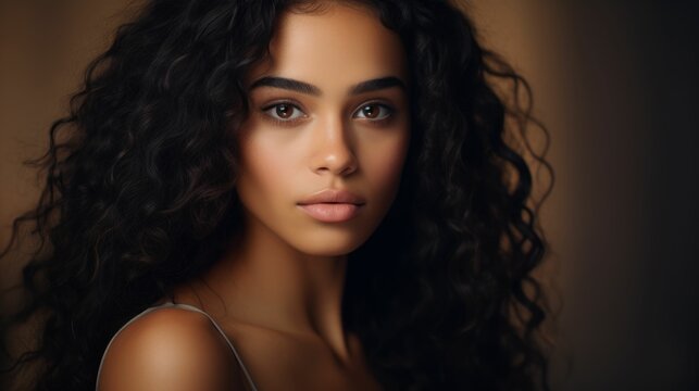 Portrait of a young lady with curly long hairs and beautiful eyes 