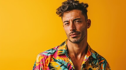 Confident Italian Man in vibrant color funky Outfit looking at the camera