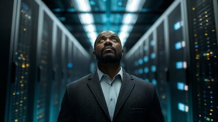 Fototapeta premium Thoughtful man in a suit looking up in a server room data center