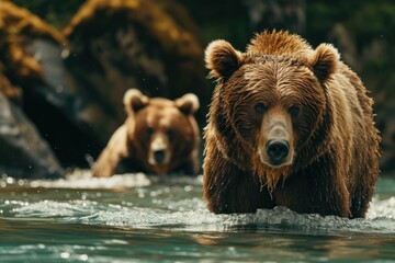 Brown bears in a lake