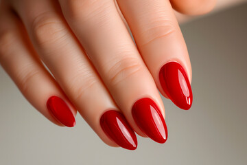 Woman hand with red nail polish manicure with gel polish at luxury beauty salon