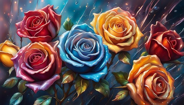 Beautiful metallic shiny roses - chrome metal rose unique digital illustration - generative ai.