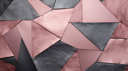 Closeup of geometric squares and polygon wall pattern in different grey rose pink tones with 3d effect, modern design, background web business texture