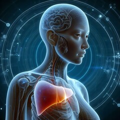 3D Modeling of female liver anatomy organ simulation in blue background.  Human hepatic system, Liver 3D Modeling, Anatomical Illustrations for Biomedical Visualization and Hepatology Simulation.