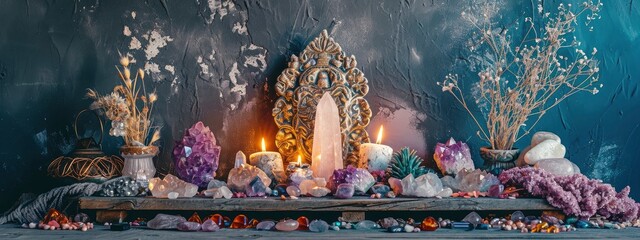 Mystical and Esoteric Altar with Crystals and Dried Flowers in Moody Lighting. - obrazy, fototapety, plakaty