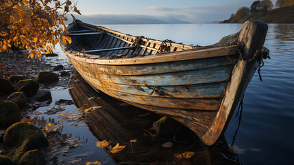 Old weathered abandoned wooden rowboat in still water