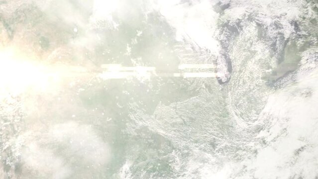 Zoom in from space and focus on Pella, USA. 3D Animation. Background for travel intro. Elements of this image furnished by NASA.