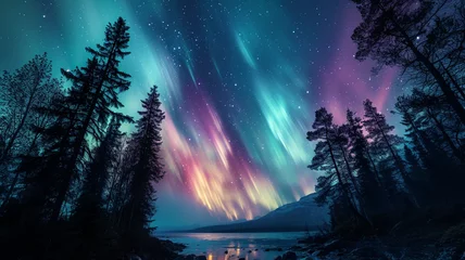 Papier Peint photo Aurores boréales Abstract depiction of an aurora borealis with vibrant ribbons of light dancing across the sky, northern lights
