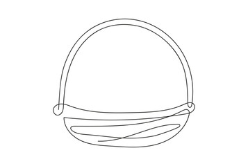 Continuous line drawing of a wicker basket with handle. Vector illustration isolated on white background. Minimalist style. Design element. Ideal for icon, logo, print, mobile app, coloring book.