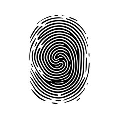 Fingerprint pattern, clear lines and swirls. Human thumbprint. Icon, pictogram, logo. Vector isolated on a white background. Security concept. Black and white illustration.