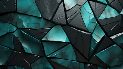 Closeup of pieces of geometric mosaic stones and glass wall in black and turquoise, modern graphic design stained glass background texture