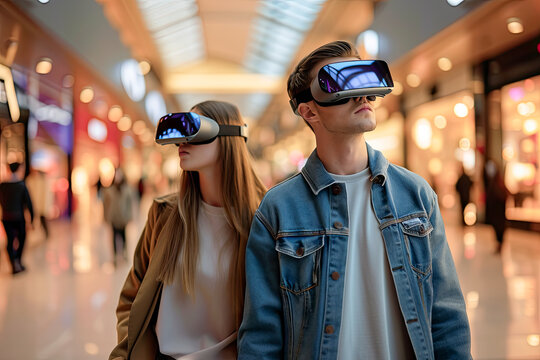 Two individuals exploring a virtual world while strolling through a shopping mall.