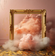 Vintage old-fashioned renaissance gold rectangular frame, elegantly decorated, full of details, sand beige explosion of smoke, color, abstract lights, glitter and dust. Romantic pastel background.