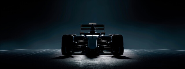 Silhouette of a Formula One car under dramatic lighting.
 - obrazy, fototapety, plakaty