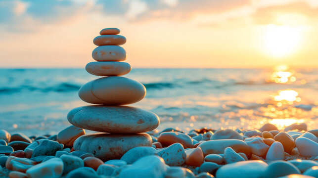 Zen pebble stones stacked on a beach at sunset.
