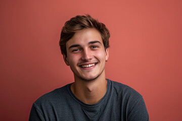 Fototapeta premium A young man in a grey shirt smiles for the camera