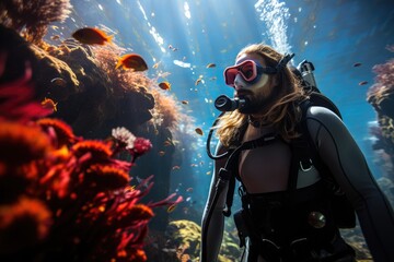 Immersed in the depths of the reef, a marine biologist dons his scuba gear to explore the wonders of the underwater world