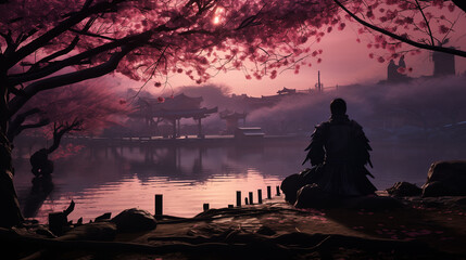 Mysterious  Shadow figure of a Samurai Meditating Beneath a Cherry Blossom Tree 