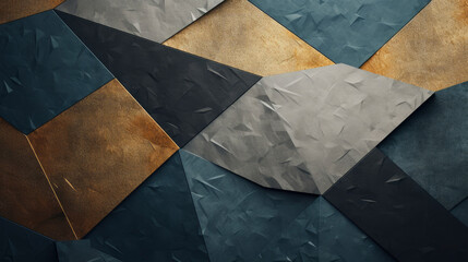 Closeup of geometric squares and polygon wall pattern in different grey golden turquoise tones with...