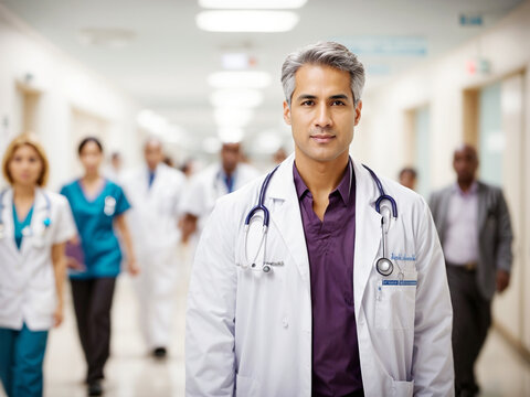 Portrait of male gray hair stethoscope  doctor standing in hospital hall and team walking behind, Leadership, medical teamwork, healthcare, medicine. professional health clinic treatment concept image