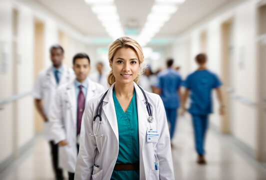 beautifull female doctor portrait stethoscope standing in hospital hall and team walking behind, Leadership, medical teamwork, healthcare, medicine. professional health clinic treatment concept image