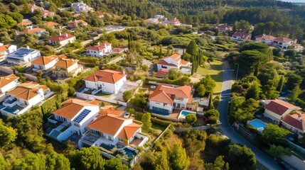 Aerial view of a residential neighborhood with swimming pools - obrazy, fototapety, plakaty
