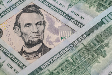 Closeup of dollar banknotes. American cash money background.