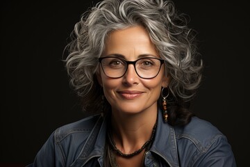 A stylish woman with a beaming smile and glasses sits indoors, her face framed by a denim jacket as she showcases her unique sense of fashion and eyewear