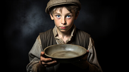 Oliver Twist with his beggin bowl looking into camera - obrazy, fototapety, plakaty