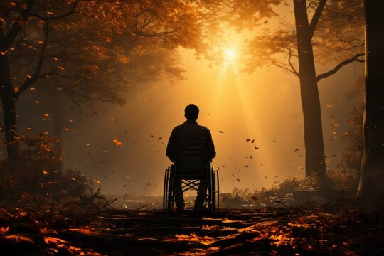 As the autumn fog descended, the silhouette of a person in a wheelchair navigated through the trees, their bicycle wheel rolling over the uneven ground as the sunset painted the sky in shades of pink