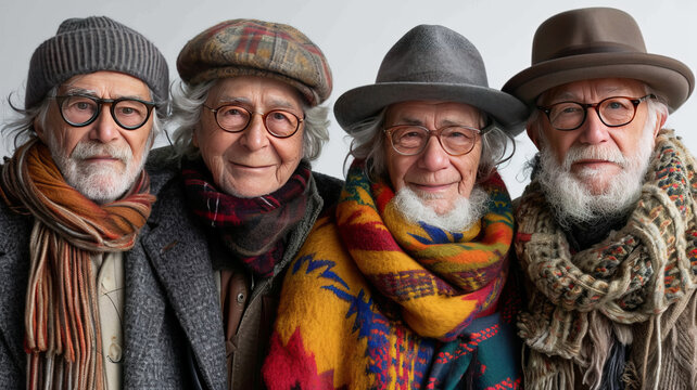 A group of elderly people in winter clothes smile looking at the camera ,generative ai
