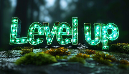 Big green letters Text "Level up" isolated on black background,generative ai