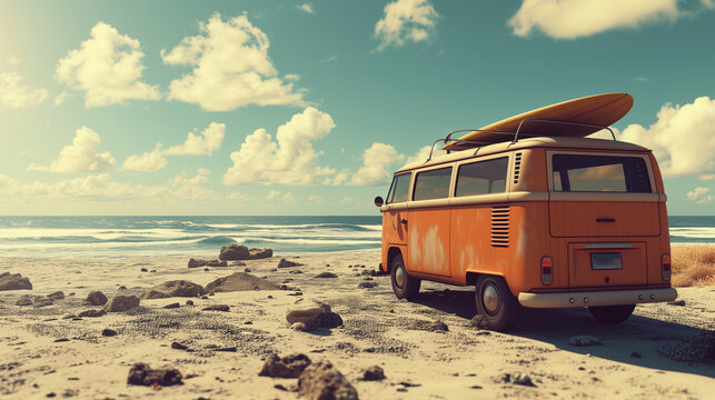 vintage car parked on the tropical beach (seaside) with a surfboard on the roof - Leisure trip in the summer. retro color effect