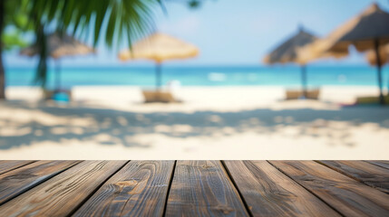 long wooden table with beach landscape blur background